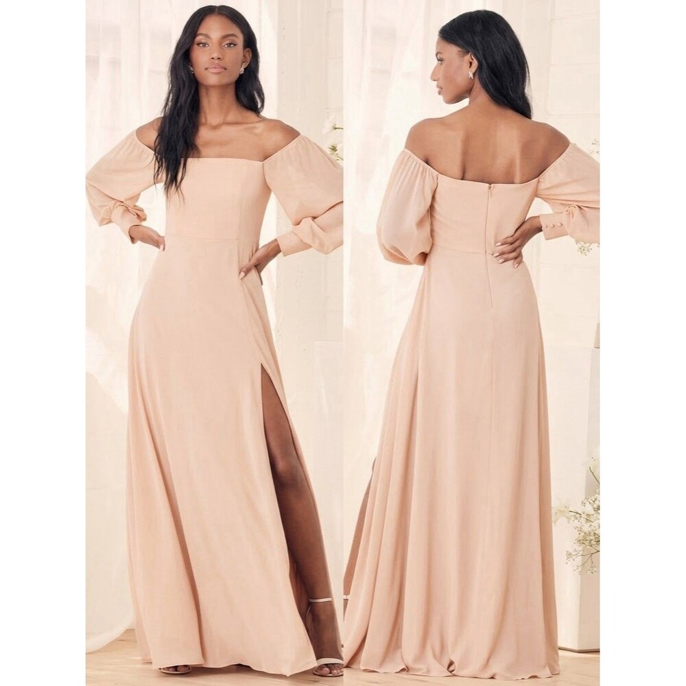 Lulus Chiffon Maxi Dress Blush Size MEDIUM Off the Shoulder Balloon Sleeves EUC